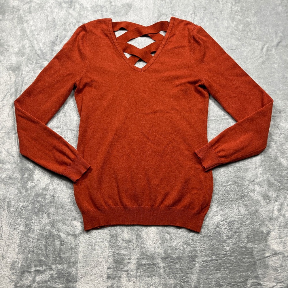 Love Ellie Sweater Women Burnt Orange Lattice Strappy V-Neck Pullover Knit XS